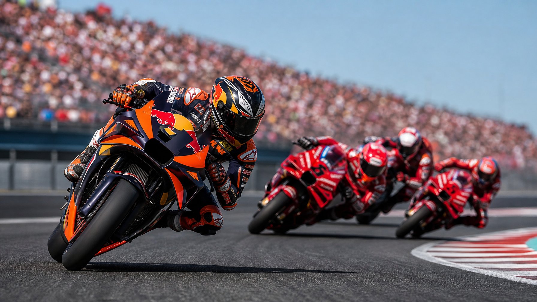 Pedro Acosta sedang membalap dengan motor di lintasan MotoGP, dikelilingi oleh beberapa pembalap Ducati yang sedang bersaing ketat.