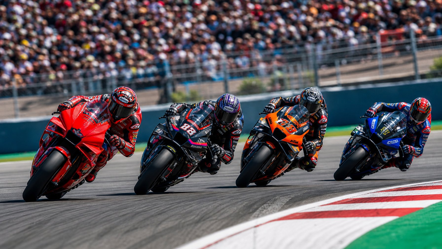 Empat motor balap MotoGP dari Ducati, Aprilia, KTM, dan Yamaha sedang berlomba ketat di tikungan lintasan balap dengan latar penonton dan langit cerah.