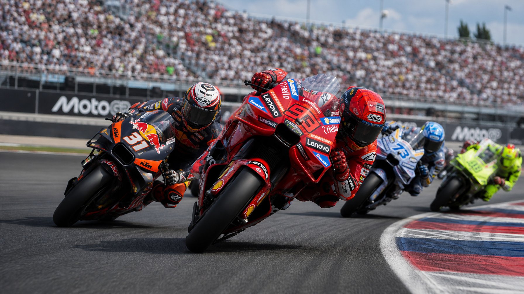 Beberapa pembalap MotoGP sedang balapan di lintasan dengan penonton ramai di tribun.