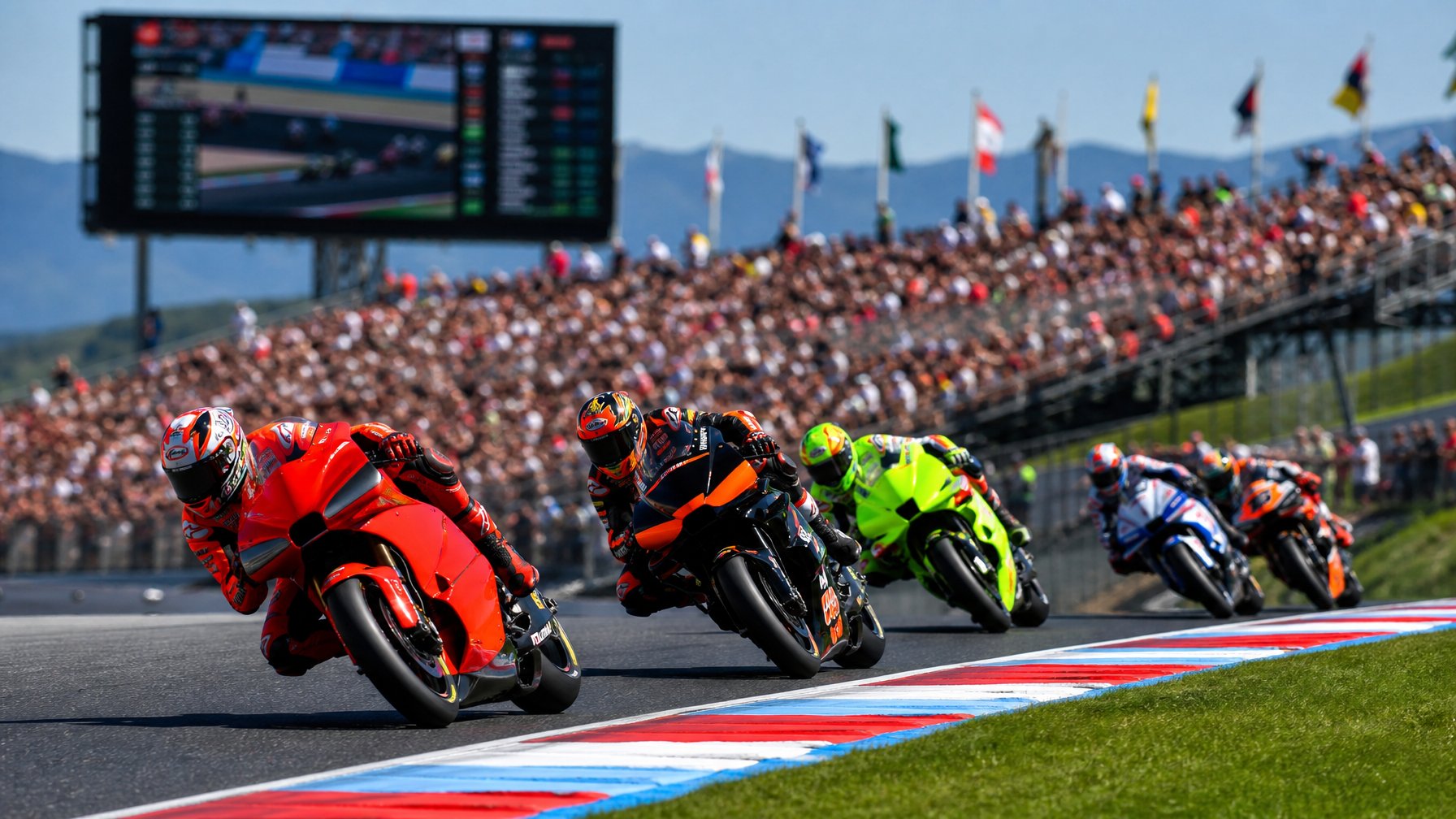 Beberapa pembalap MotoGP sedang balapan di lintasan dengan penonton yang antusias di tribun, suasana kompetitif dan penuh energi.
