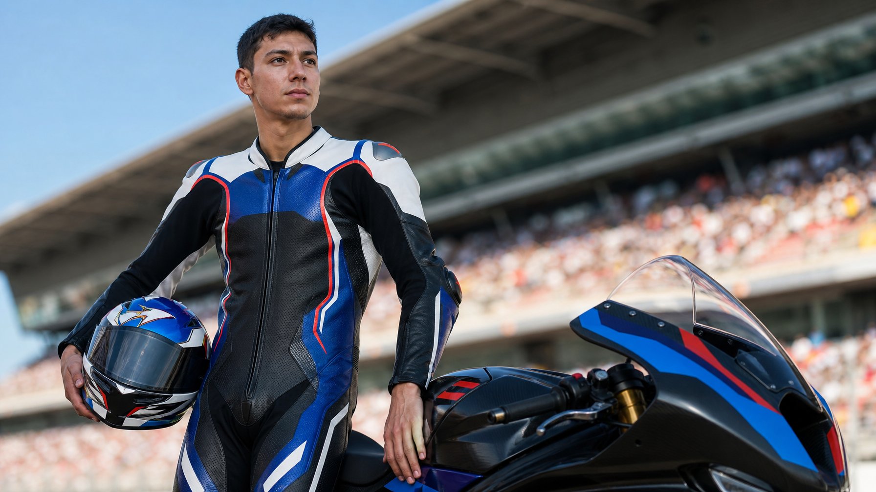 Toprak Razgatlıoğlu berdiri di samping sepeda motor balap MotoGP di lintasan balap dengan latar belakang tribun penonton.