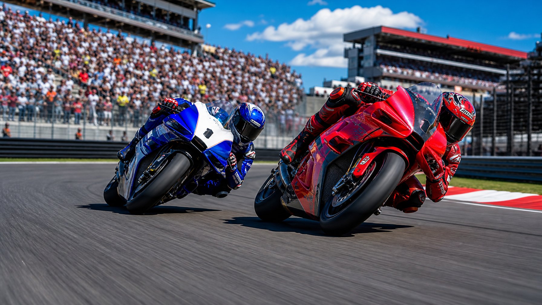 Dua motor balap MotoGP berwarna merah dan biru sedang melaju kencang di lintasan balap dengan penonton di latar belakang.