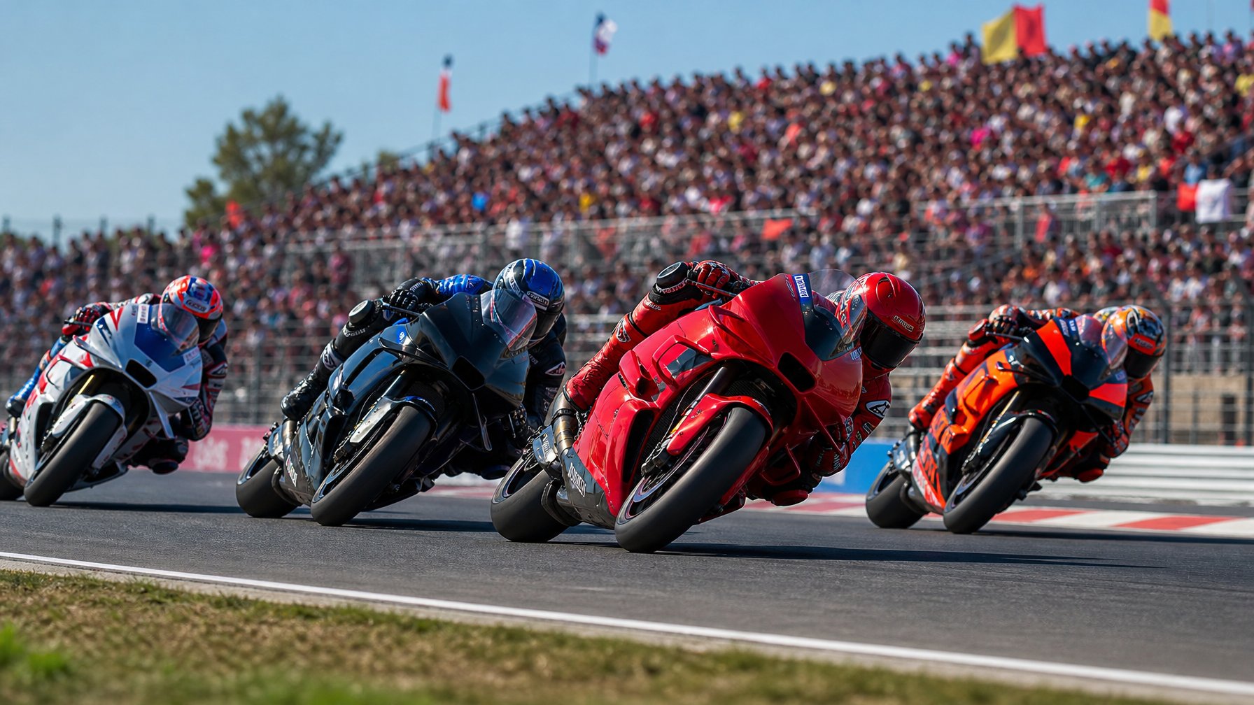 Beberapa motor balap MotoGP sedang melaju cepat di lintasan dengan penonton yang antusias di tribun belakang.