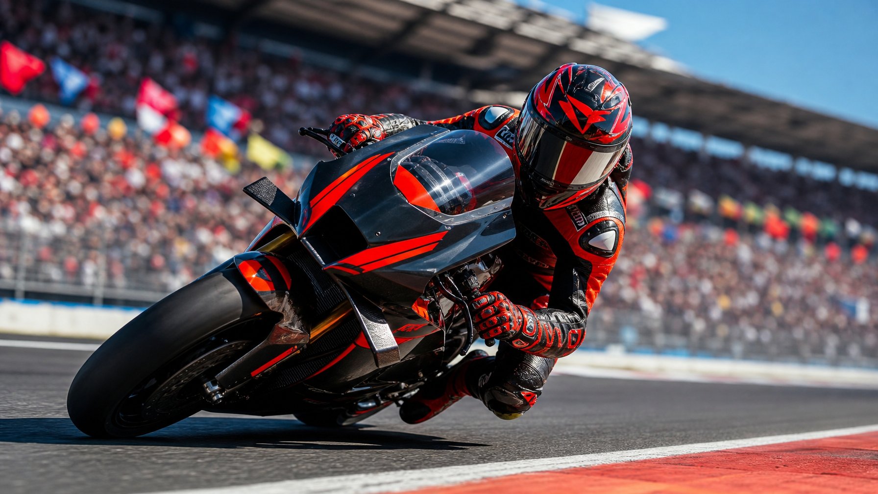 Seorang pembalap MotoGP sedang melaju kencang di lintasan balap dengan penonton di tribun dan langit cerah di latar belakang.