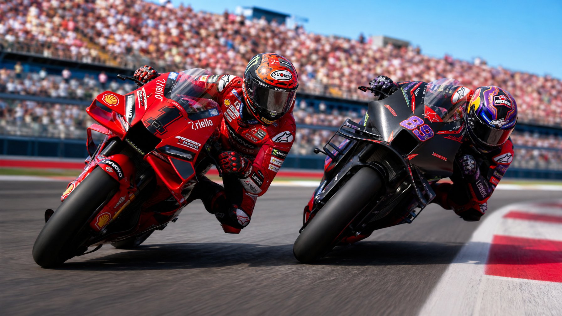 Dua pembalap MotoGP sedang balapan ketat di lintasan dengan penonton di tribun belakang.