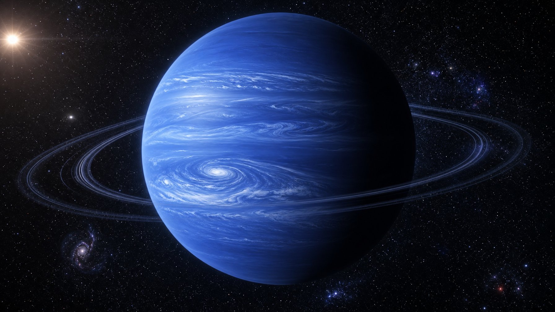 Gambaran planet Neptunus berwarna biru dengan awan putih dan cincin tipis di luar angkasa yang penuh bintang.