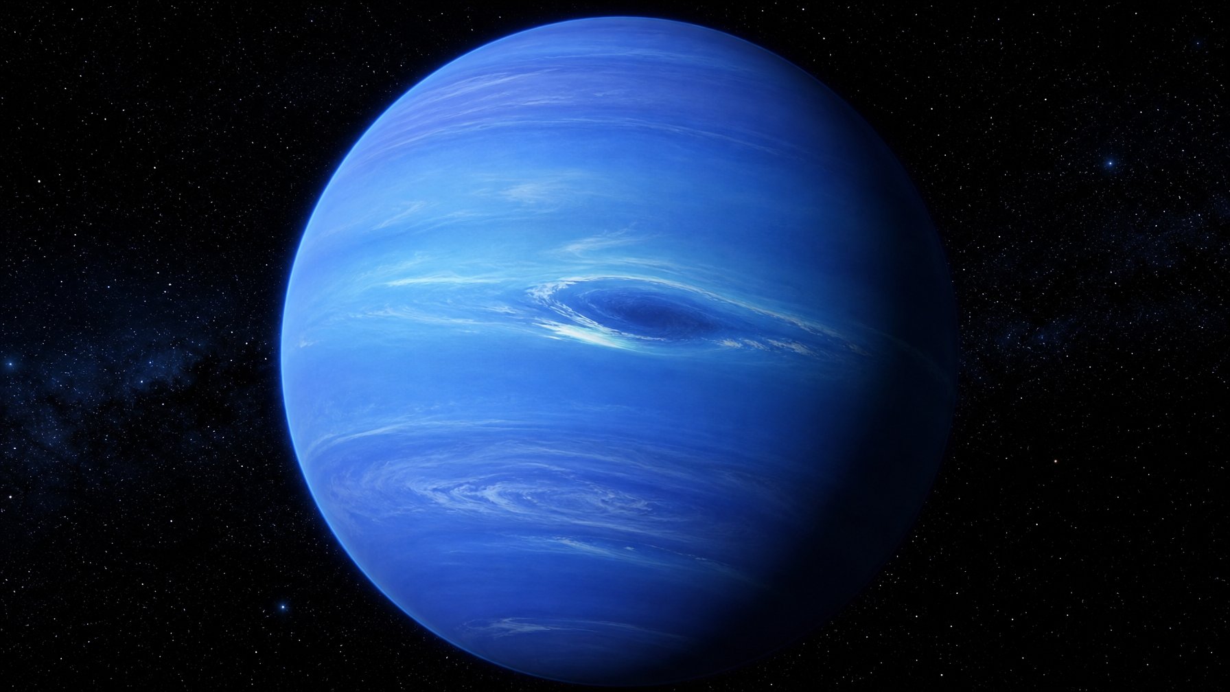 Gambaran planet Neptunus berwarna biru dengan awan dan pita atmosfer di luar angkasa gelap penuh bintang.