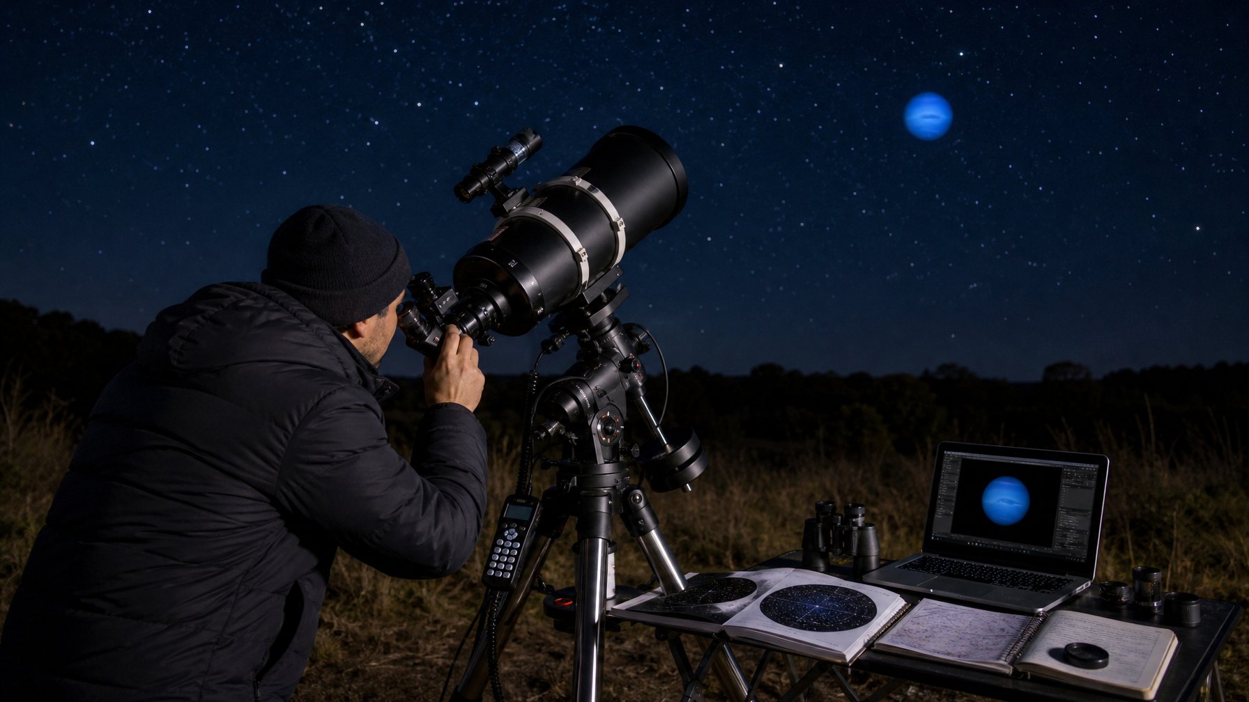 Seorang astronom amatir mengamati planet Neptunus dengan teleskop di lapangan terbuka pada malam hari yang cerah.