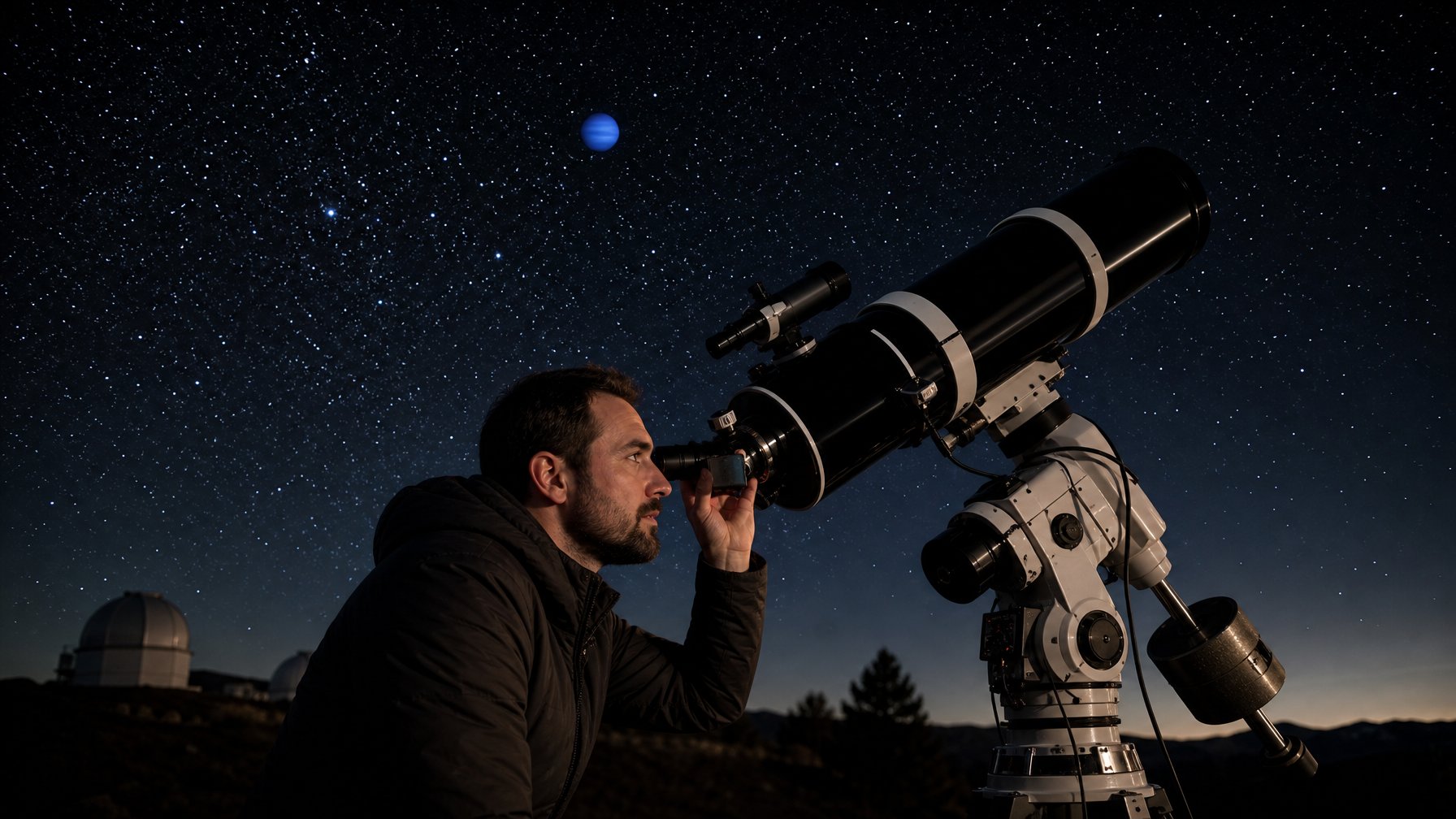 Seorang astronom mengamati langit malam dengan teleskop di tempat terbuka, di bawah langit gelap dengan bintang dan planet Neptunus yang samar terlihat.