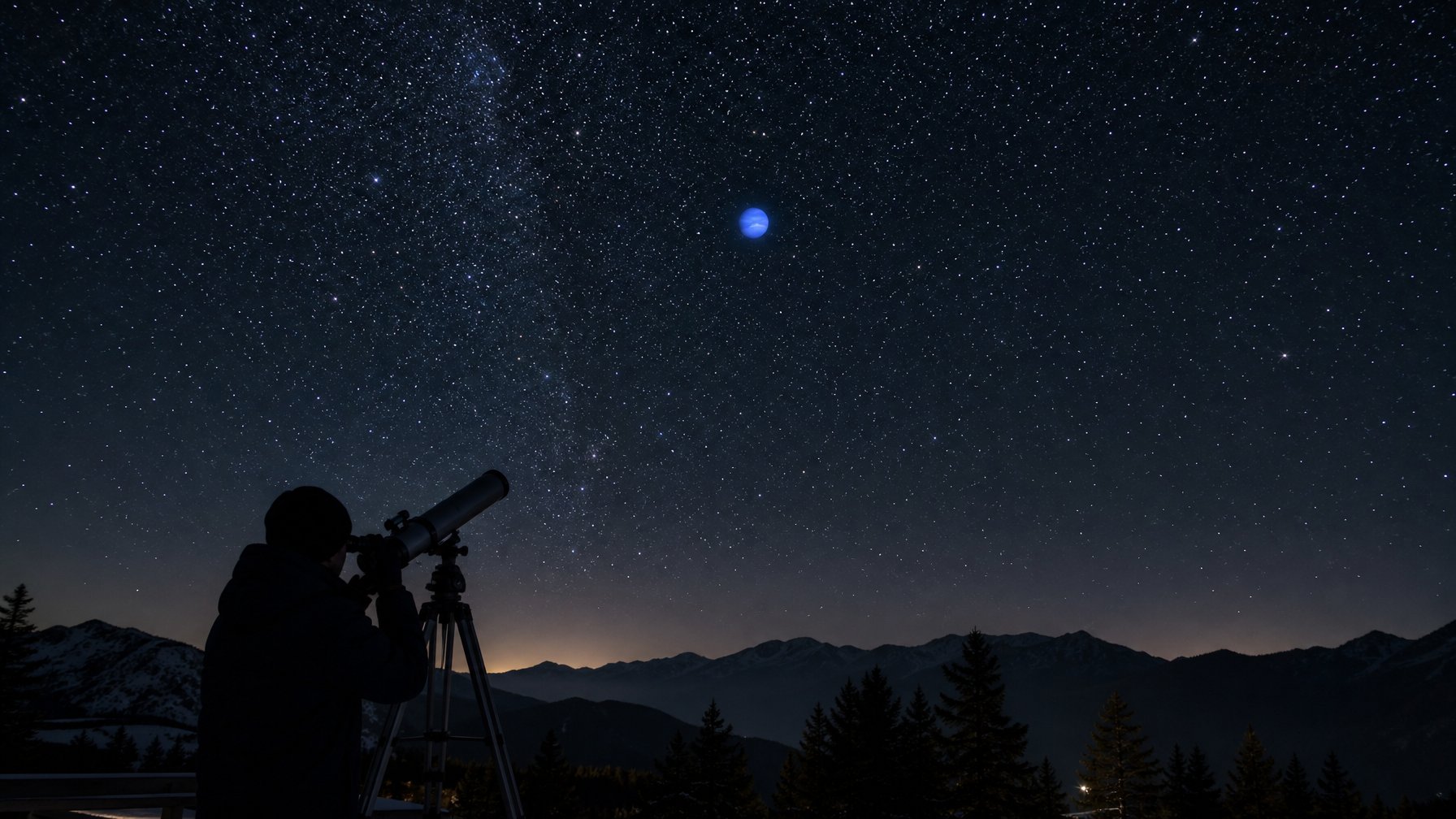 Langit malam gelap penuh bintang dengan planet biru terang Neptunus terlihat jelas, dan seorang pengamat menggunakan teleskop di latar depan.
