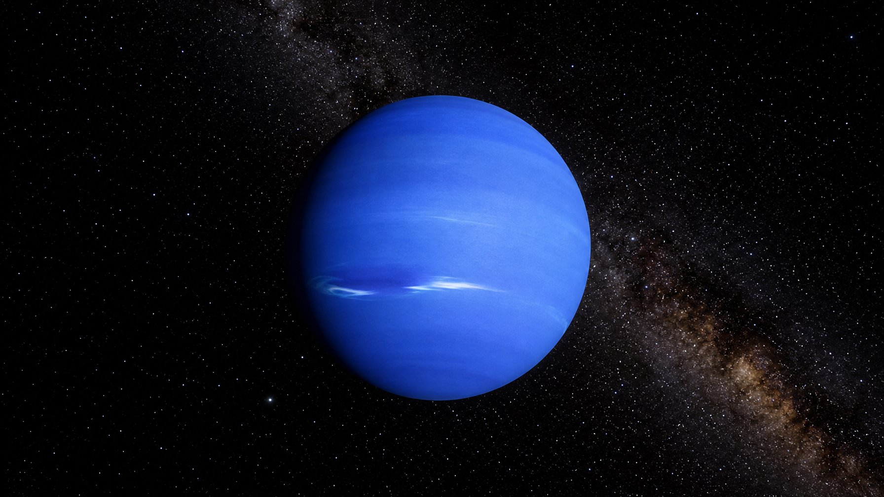Gambar planet biru Neptunus yang terang terlihat di tengah latar belakang ruang angkasa gelap dengan bintang-bintang dan galaksi samar.