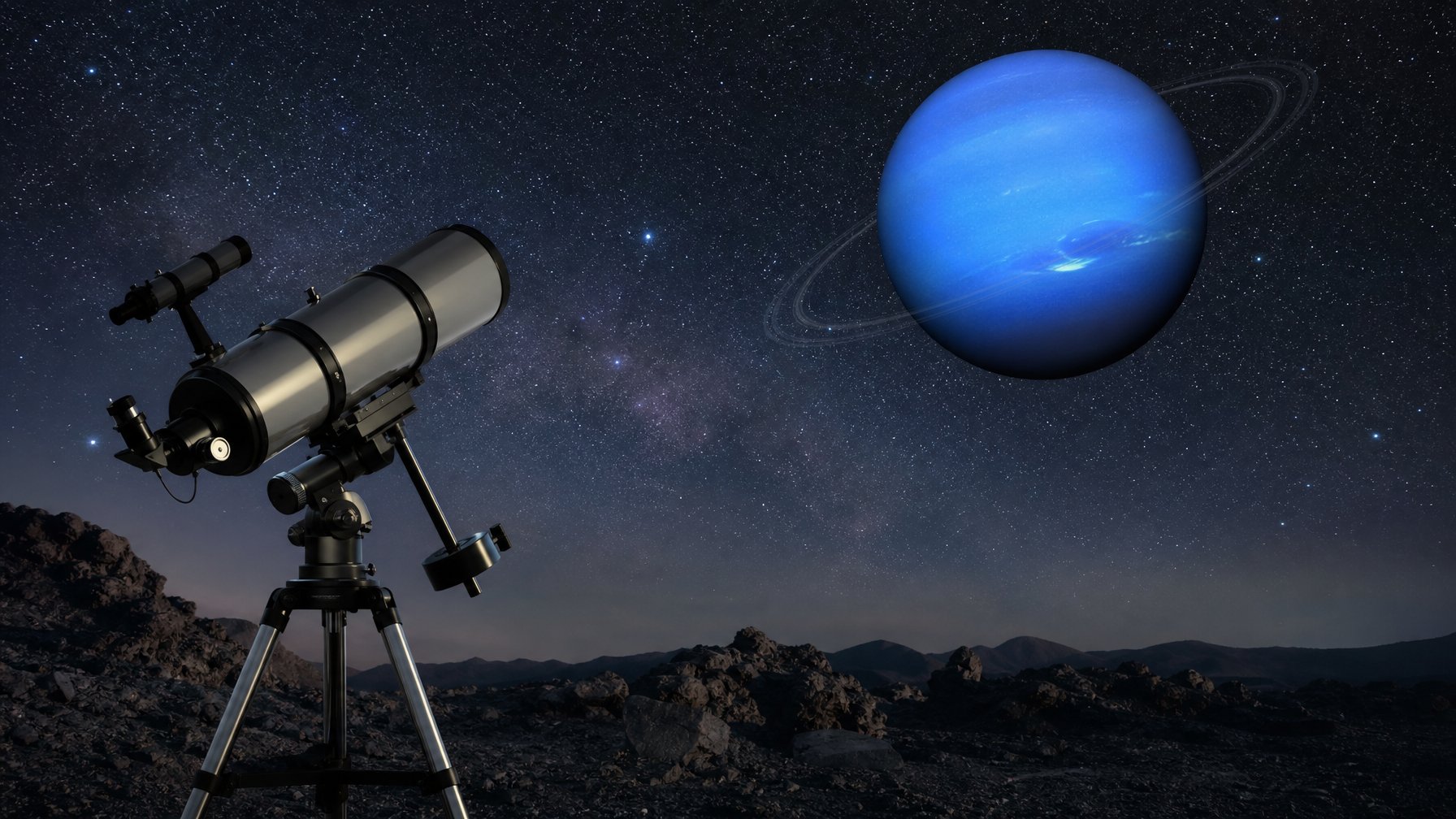 Pemandangan planet Neptunus berwarna biru dengan teleskop modern di tanah berbatu di bawah langit malam yang cerah penuh bintang.