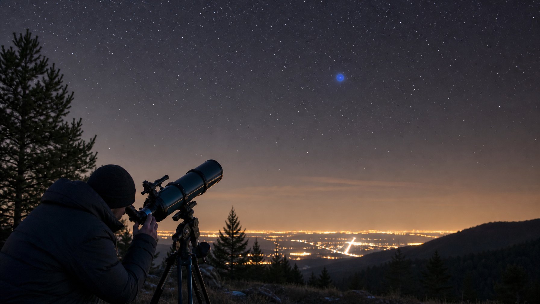 Seorang pengamat menggunakan teleskop di malam hari dengan langit berbintang dan planet biru kecil yang samar terlihat di kejauhan.