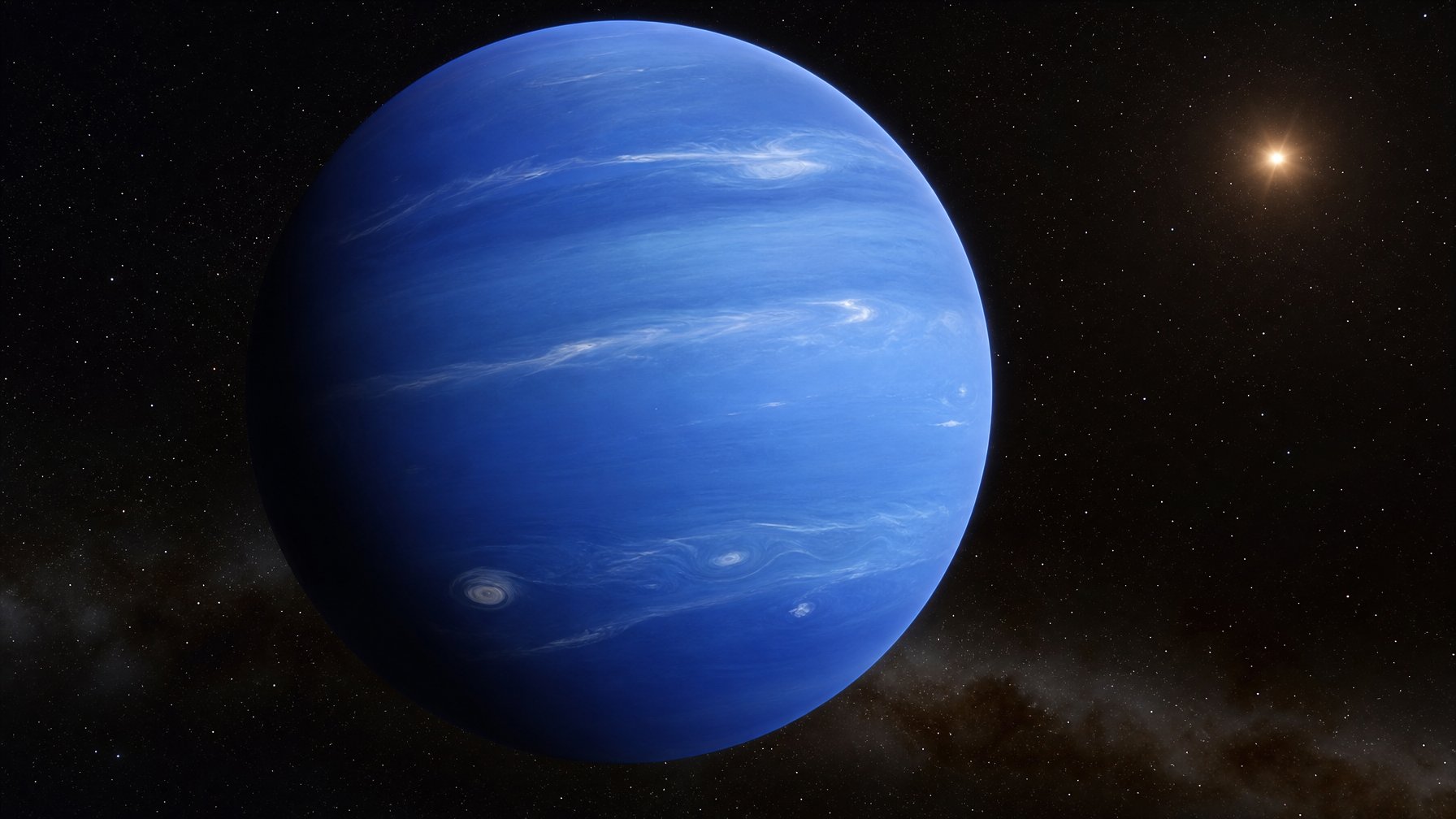 Gambaran planet Neptunus berwarna biru dengan awan putih dan latar ruang angkasa gelap dengan bintang-bintang.