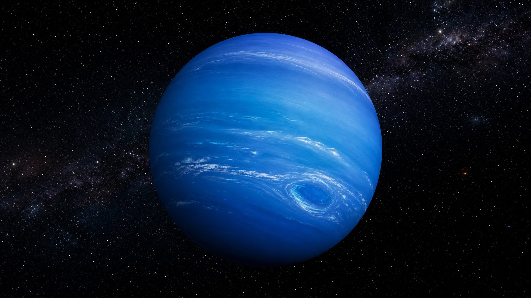 Gambaran planet Neptunus berwarna biru dengan awan putih yang berputar di luar angkasa gelap penuh bintang.