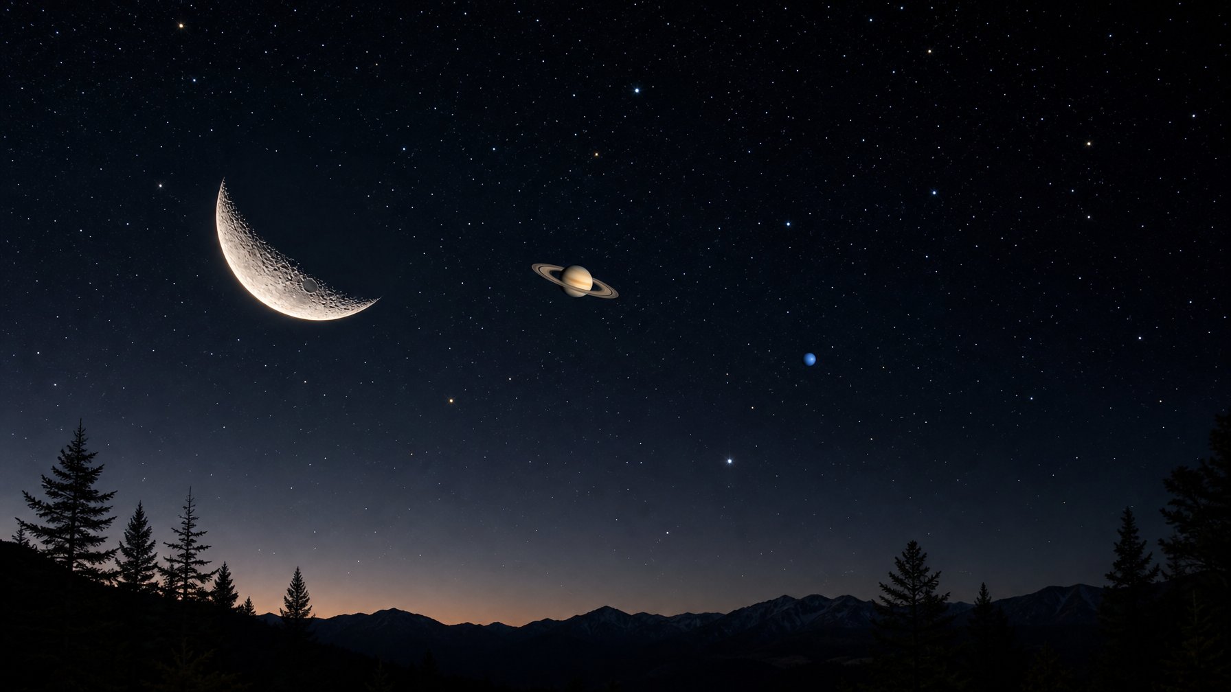Langit malam dengan Bulan sabit, Saturnus, dan Neptunus yang tampak berdekatan di atas siluet pegunungan.