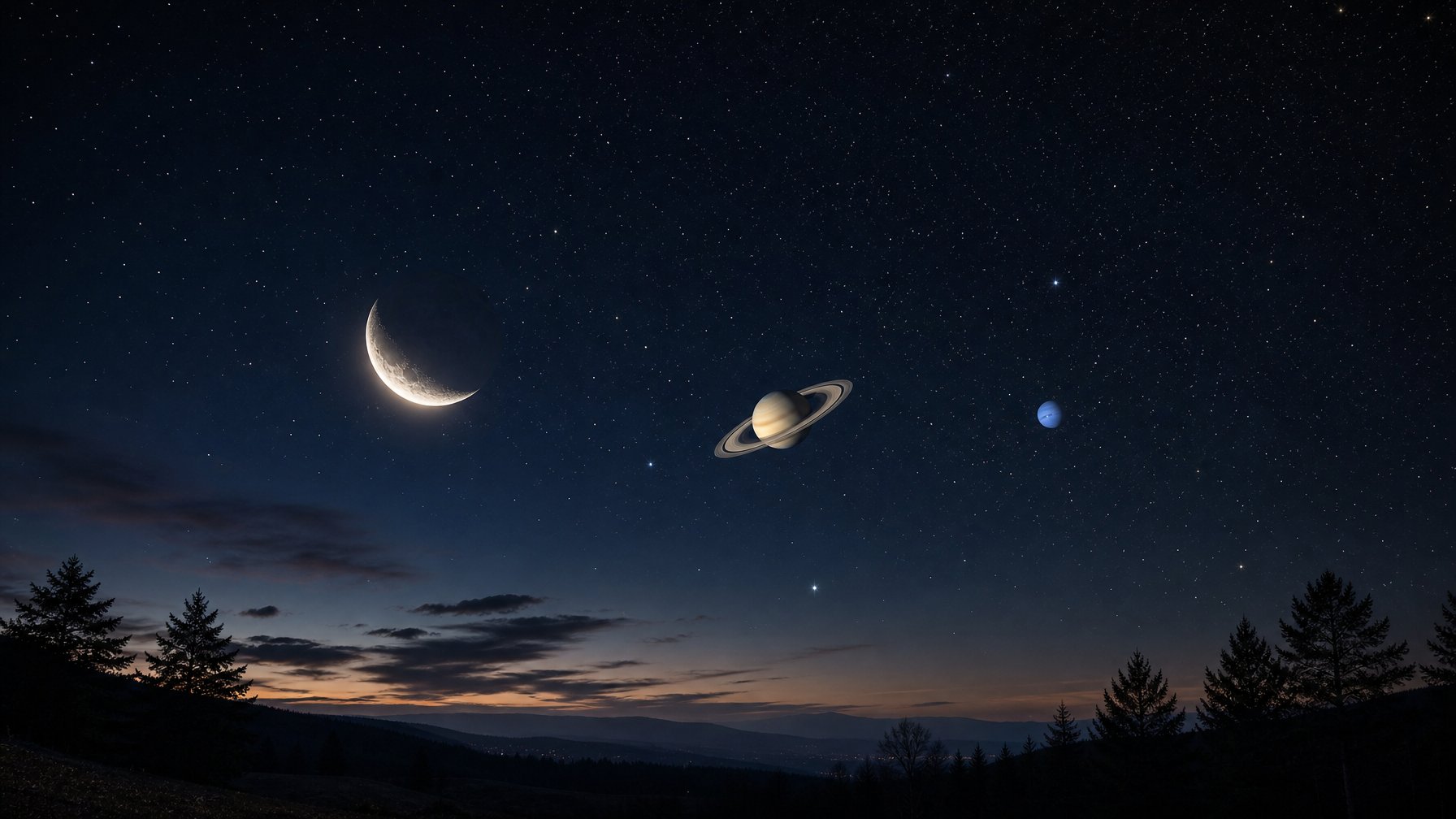 Langit malam yang gelap dengan Bulan sabit, Saturnus dengan cincinnya, dan planet Neptunus yang tampak berdekatan di atas siluet bukit dan pohon.