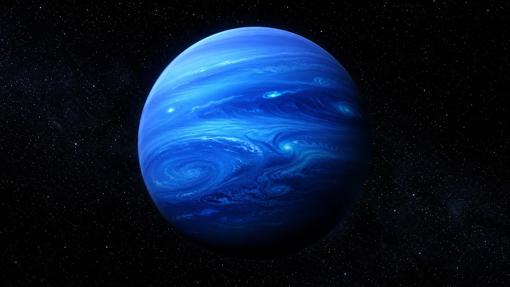 Gambaran planet Neptunus berwarna biru dengan pola awan, di latar belakang luar angkasa gelap dengan bintang-bintang jauh.
