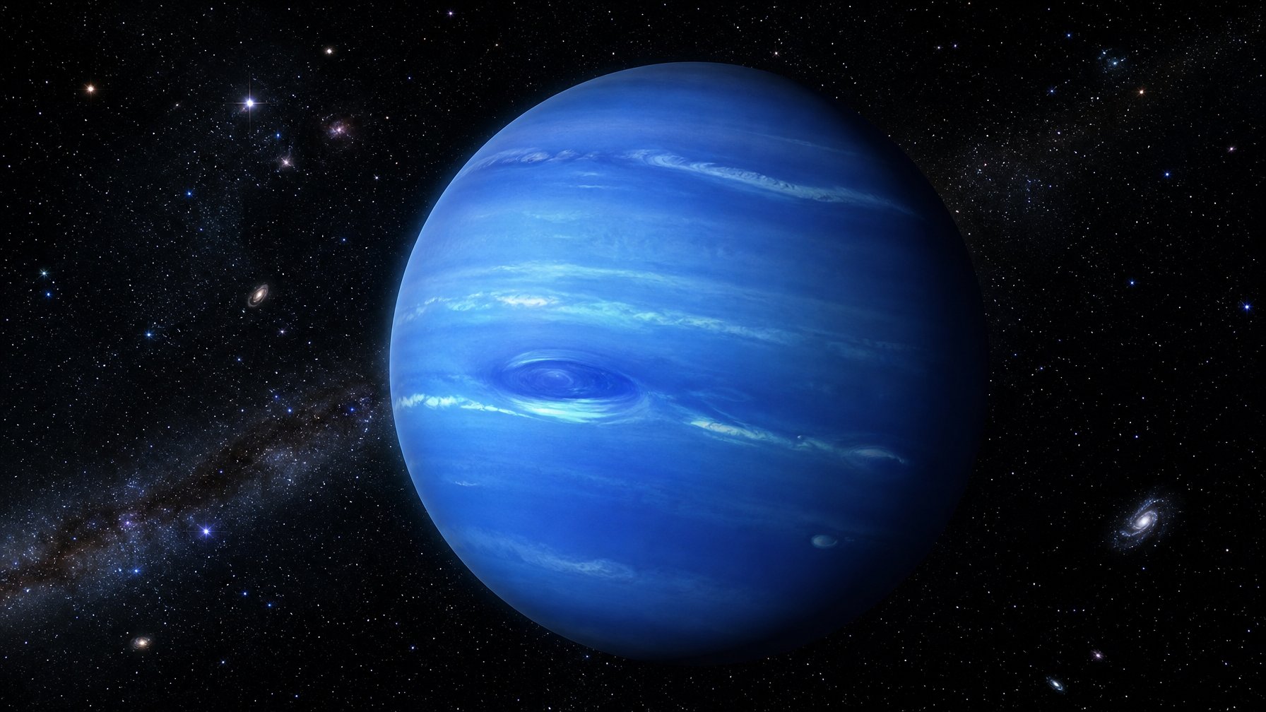 Gambaran planet Neptunus berwarna biru dengan atmosfer berlapis dan latar belakang bintang di ruang angkasa.