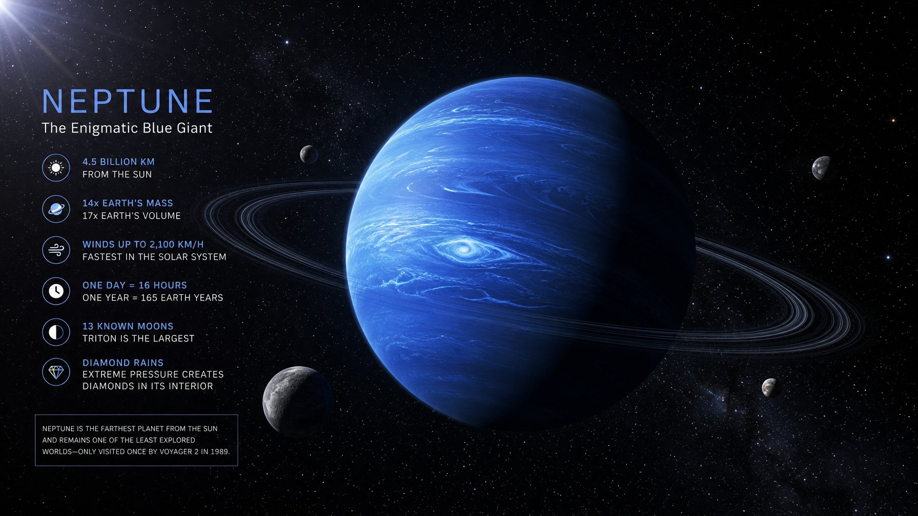 Gambar planet Neptunus berwarna biru tua dengan latar belakang luar angkasa dan beberapa bulan mengelilinginya.