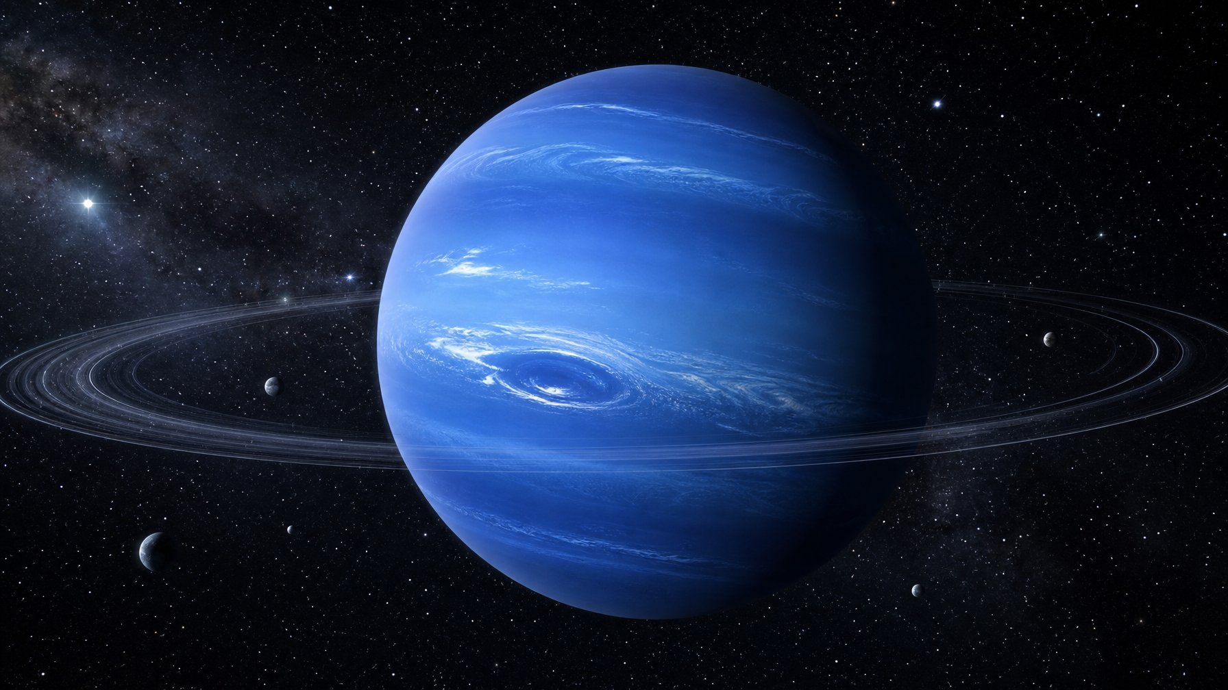Gambaran planet Neptunus berwarna biru dengan awan putih berputar dan bulan-bulan kecil di sekitarnya di ruang angkasa gelap penuh bintang.