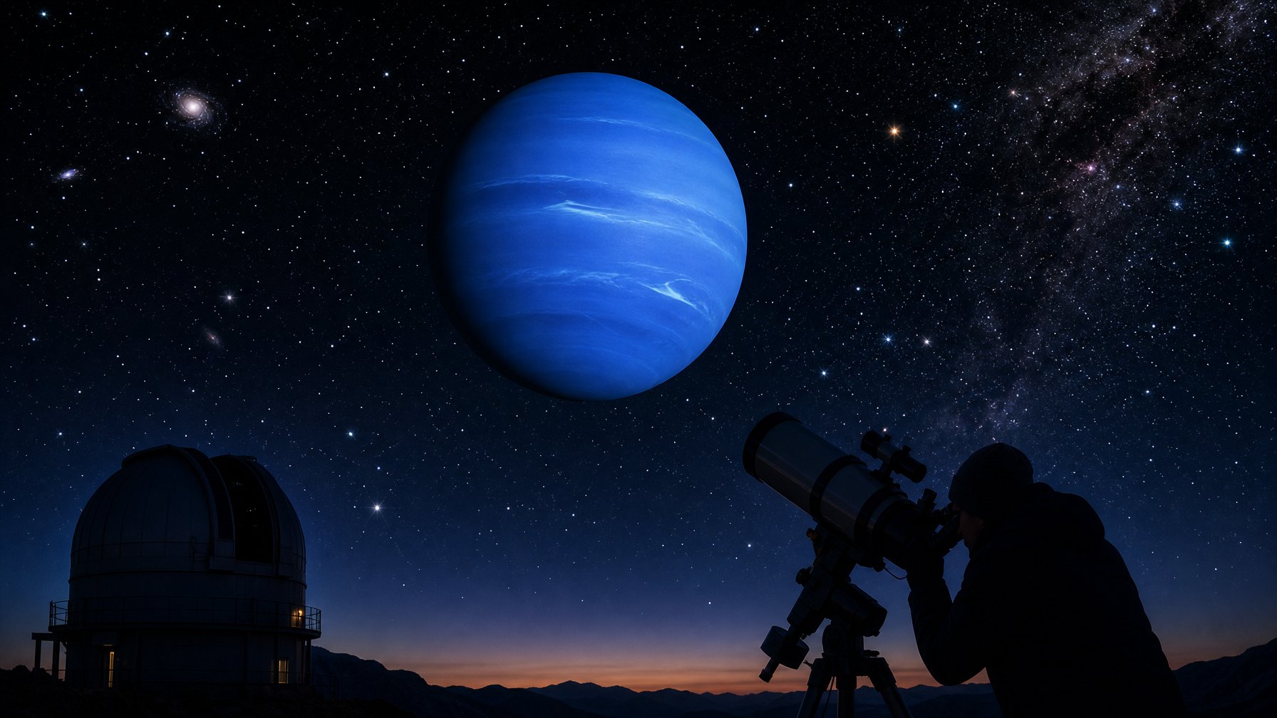 Pemandangan planet Neptunus berwarna biru di langit malam dengan teleskop observatorium di latar depan dan bintang-bintang di sekitarnya.