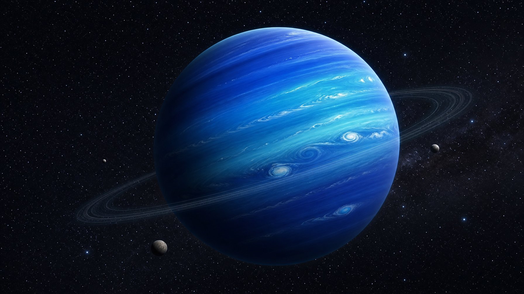 Gambaran planet Neptunus dengan warna biru dan awan putih, dikelilingi oleh cincin tipis dan beberapa bulan kecil, di latar belakang ruang angkasa bertabur bintang.