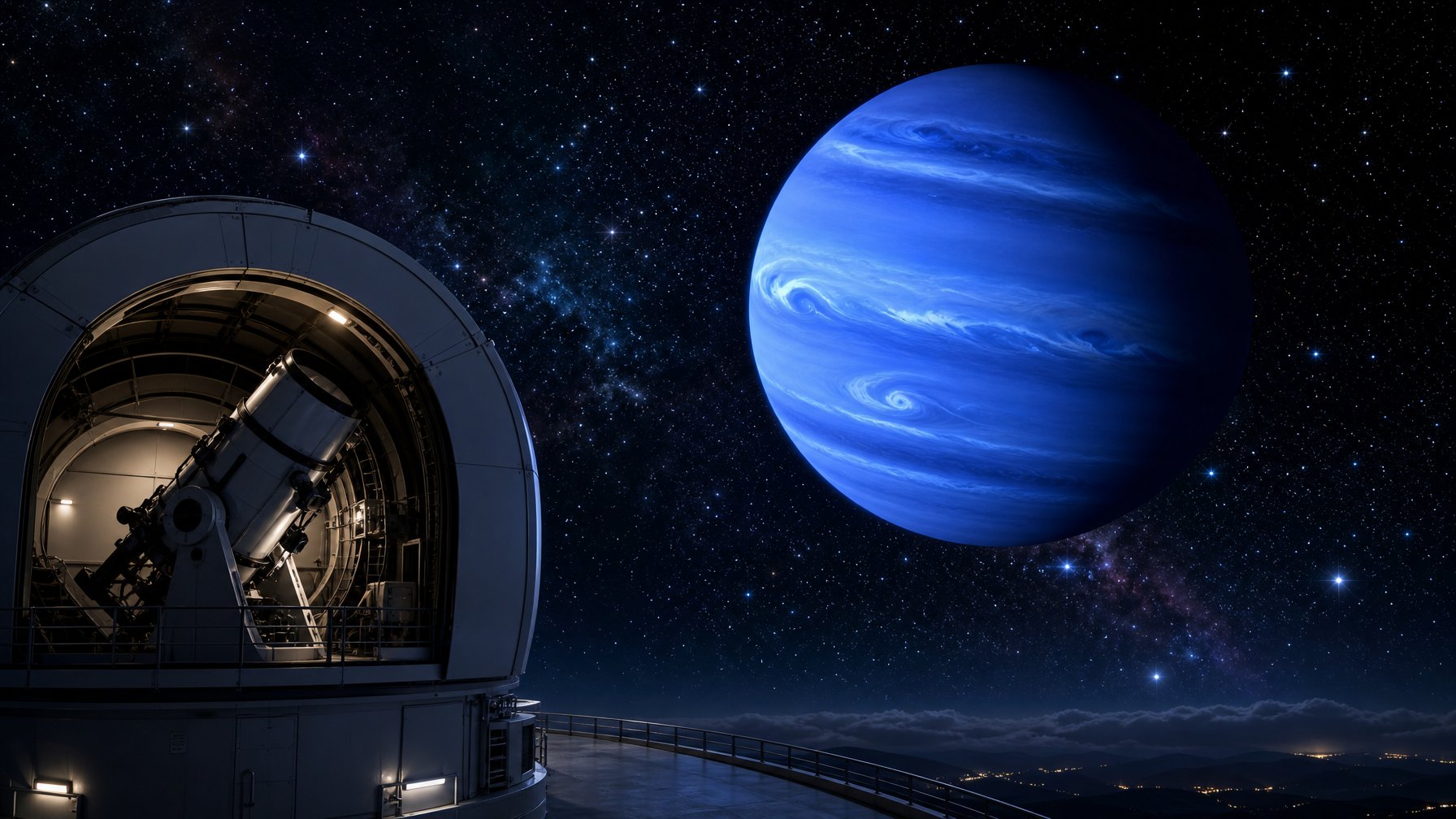Gambar planet Neptunus berwarna biru dengan latar belakang ruang angkasa penuh bintang dan teleskop observatorium di bagian depan.
