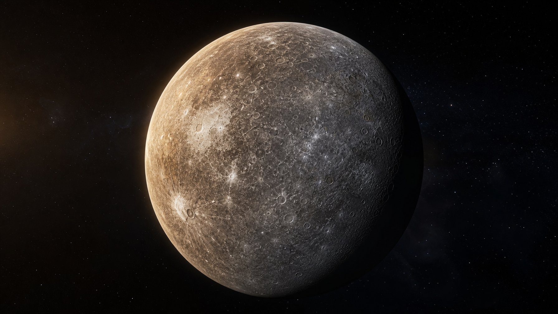 Gambar planet Merkurius dengan permukaan berbatu dan kawah, dikelilingi oleh latar belakang ruang angkasa gelap dengan bintang-bintang samar.