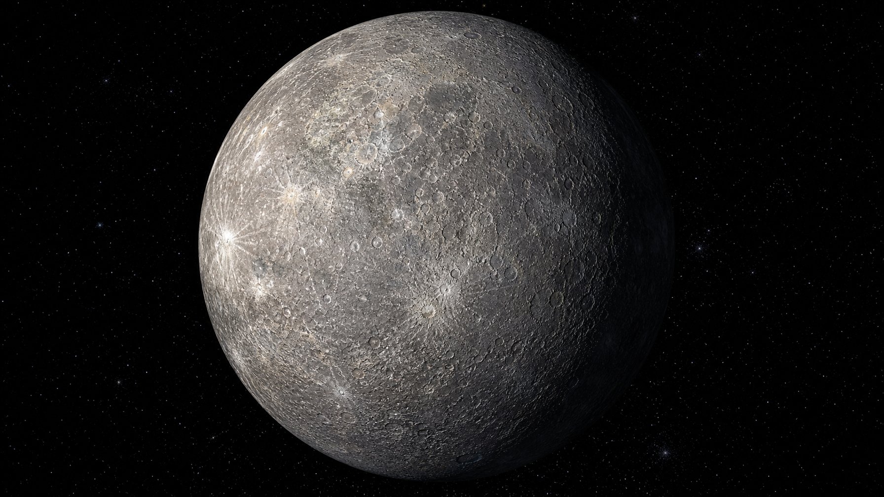 Gambar planet Merkurius dengan permukaan berbatu dan kawah, terlihat di ruang angkasa gelap dengan bintang di latar belakang.
