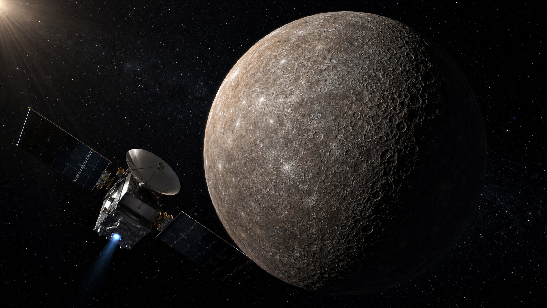 Gambaran planet Merkurius dengan permukaan berbatu dan kawah, dekat dengan pesawat antariksa di luar angkasa.