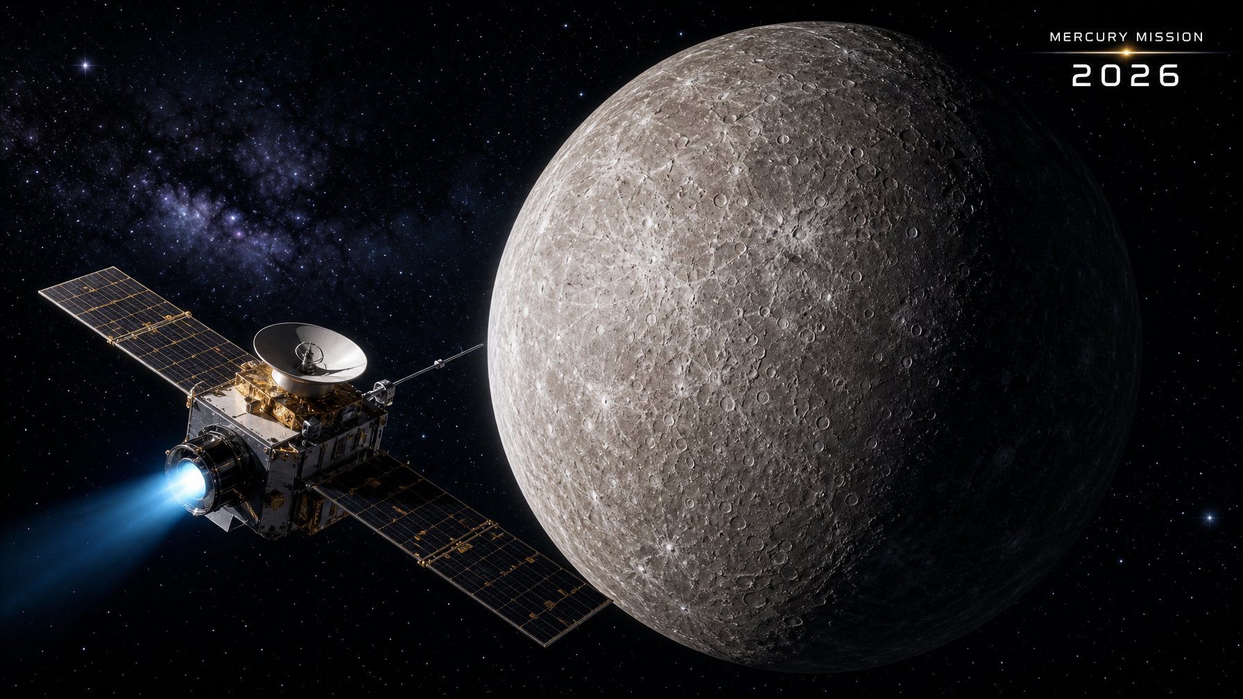 Gambaran planet Merkurius di luar angkasa dengan permukaan berbatu dan kawah, dikelilingi oleh pesawat luar angkasa yang sedang melakukan penelitian.