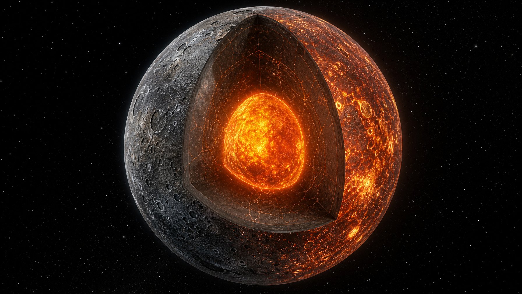 Gambaran planet Merkurius dengan permukaan berbatu dan inti besi raksasa yang terlihat melalui potongan melintang, dikelilingi oleh latar belakang luar angkasa gelap dengan bintang-bintang jauh.