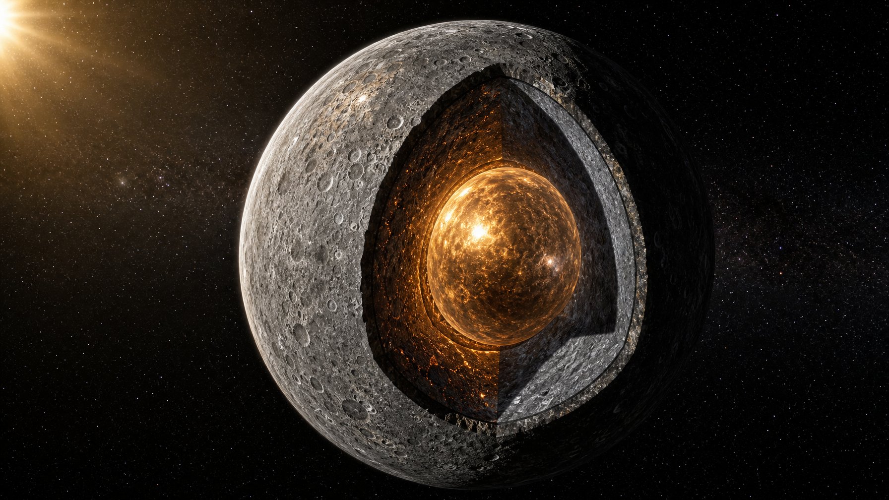 Gambaran planet Merkurius dengan permukaan berbatu dan kawah, menunjukkan kontras suhu ekstrem dan inti besi raksasa di dalamnya, dengan latar belakang bintang gelap.
