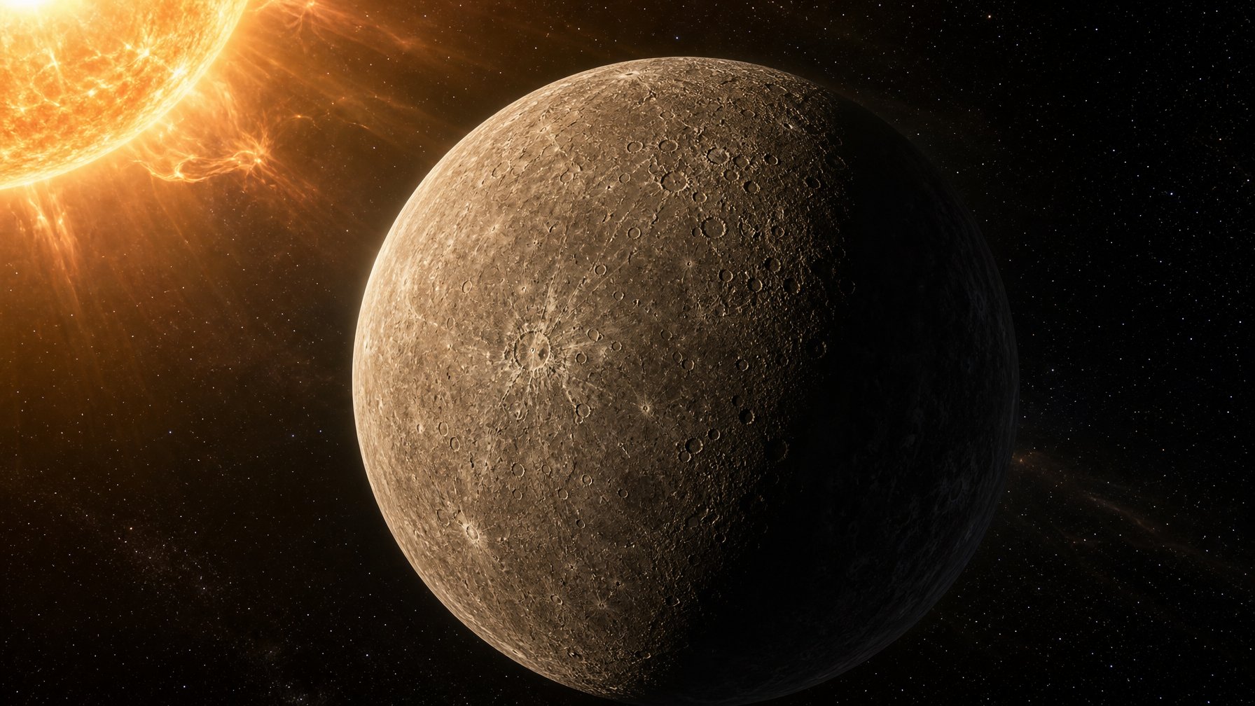 Gambar planet Merkurius dengan permukaan berbatu dan kawah, dikelilingi ruang angkasa gelap dan bintang-bintang.