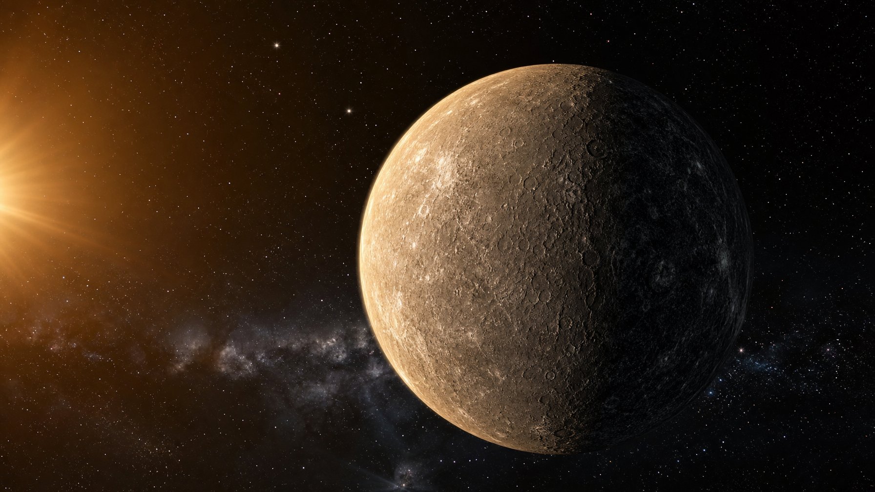 Planet Merkurius terlihat di luar angkasa dengan latar belakang bintang dan cahaya matahari yang menerangi permukaannya.