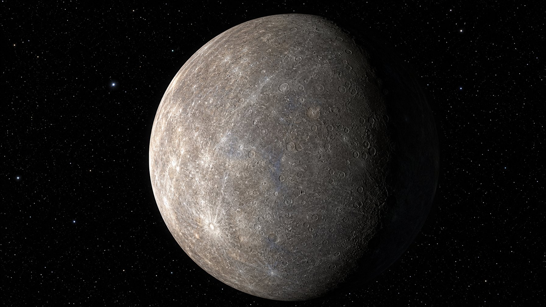 Gambar planet Merkurius dengan permukaan berbatu dan penuh kawah, di latar belakang ruang angkasa gelap dengan bintang-bintang jauh.