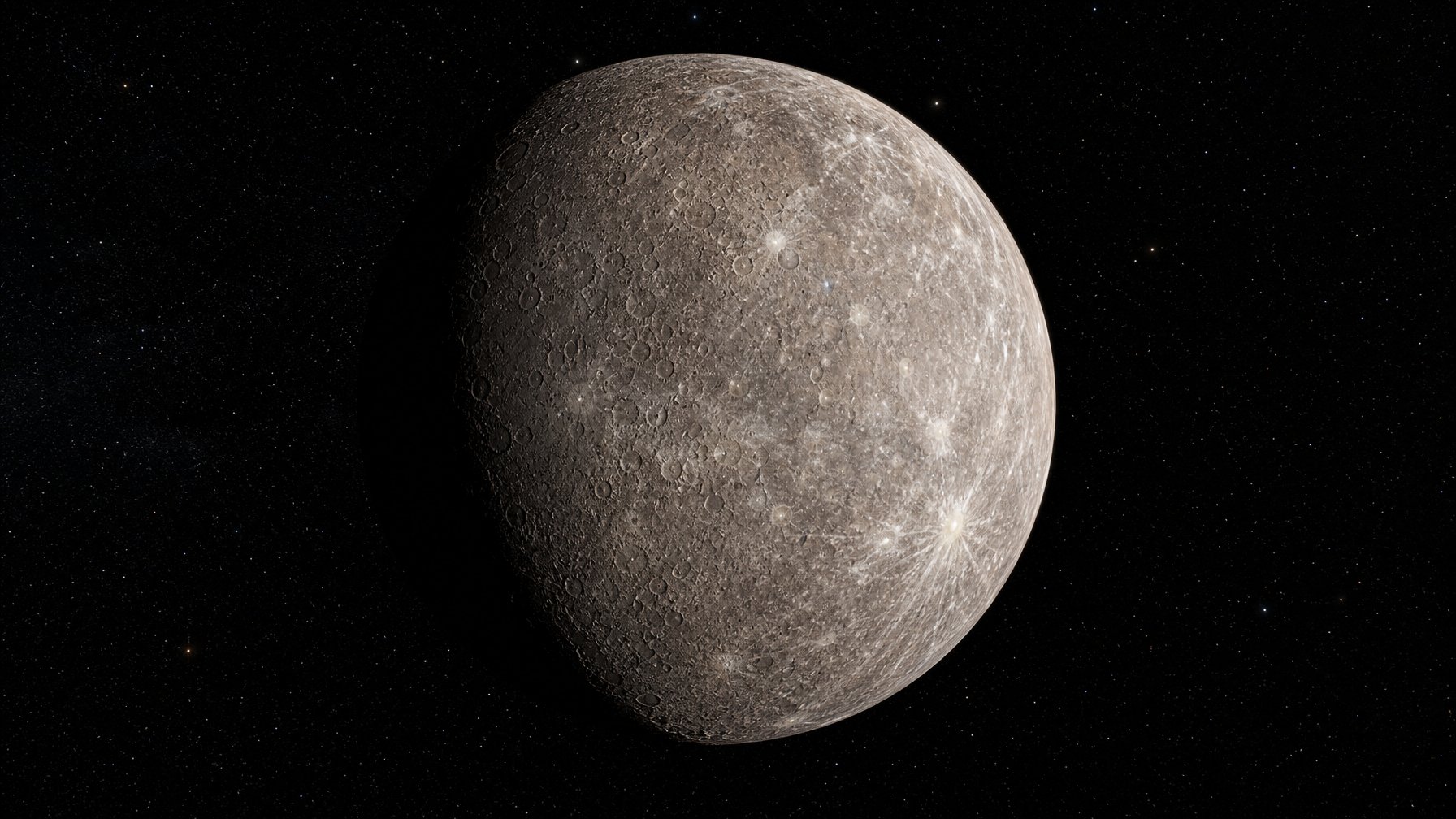 Gambar planet Merkurius dengan permukaan berbatu dan berlubang, mengambang di ruang angkasa gelap dengan cahaya matahari yang menerangi sebagian permukaannya.