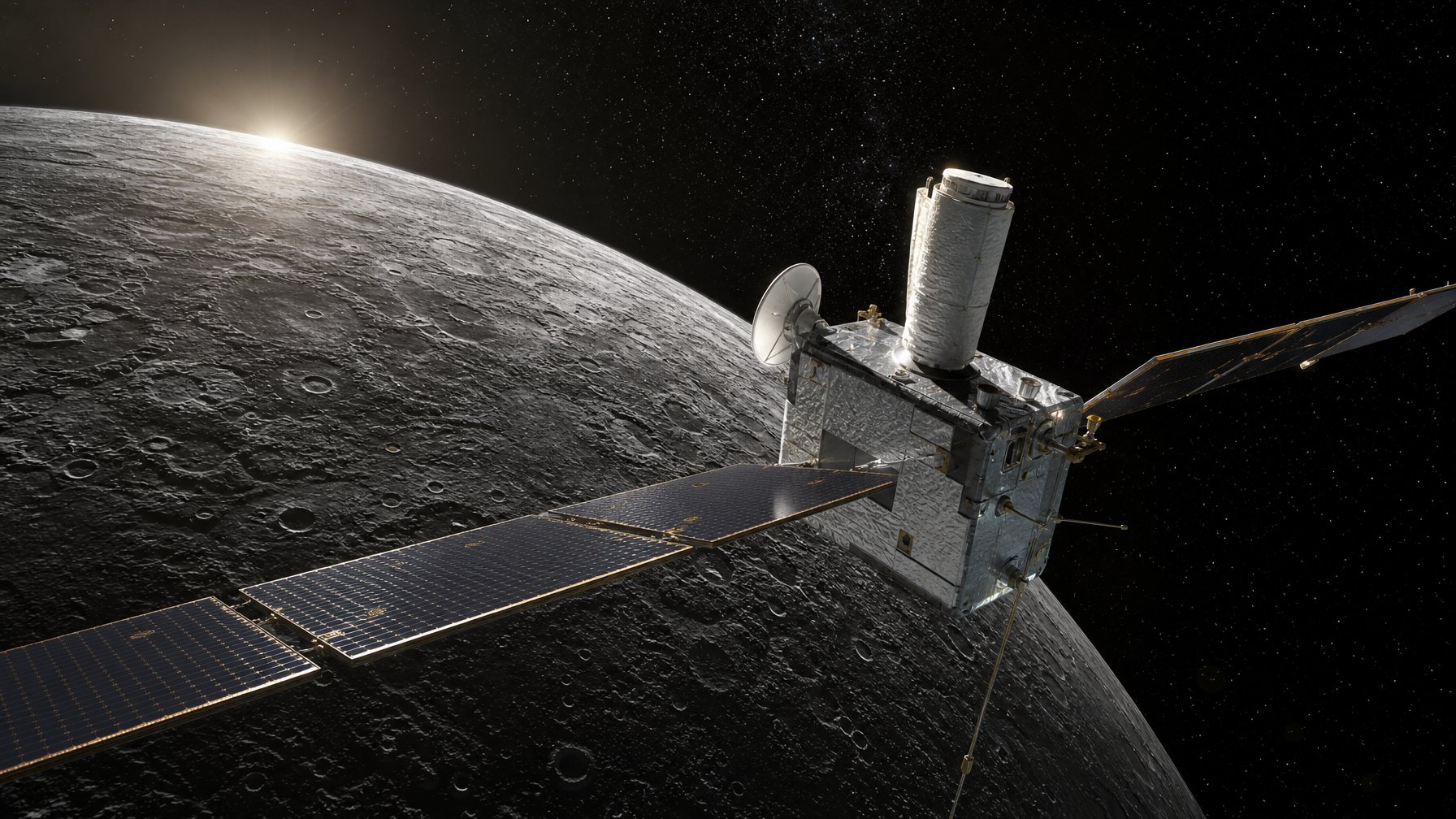 Pesawat ruang angkasa mengorbit dekat permukaan berbatu dan penuh kawah Planet Merkurius di luar angkasa.