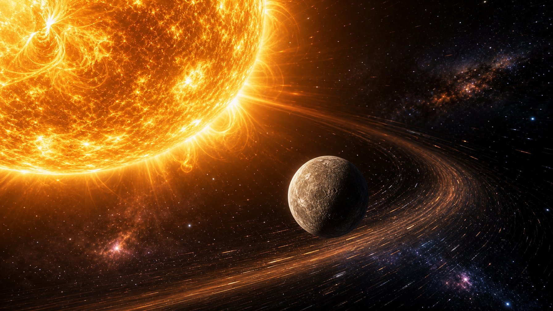 Gambaran planet Merkurius mengorbit dekat Matahari dengan latar langit berbintang dan cahaya Matahari yang terang.