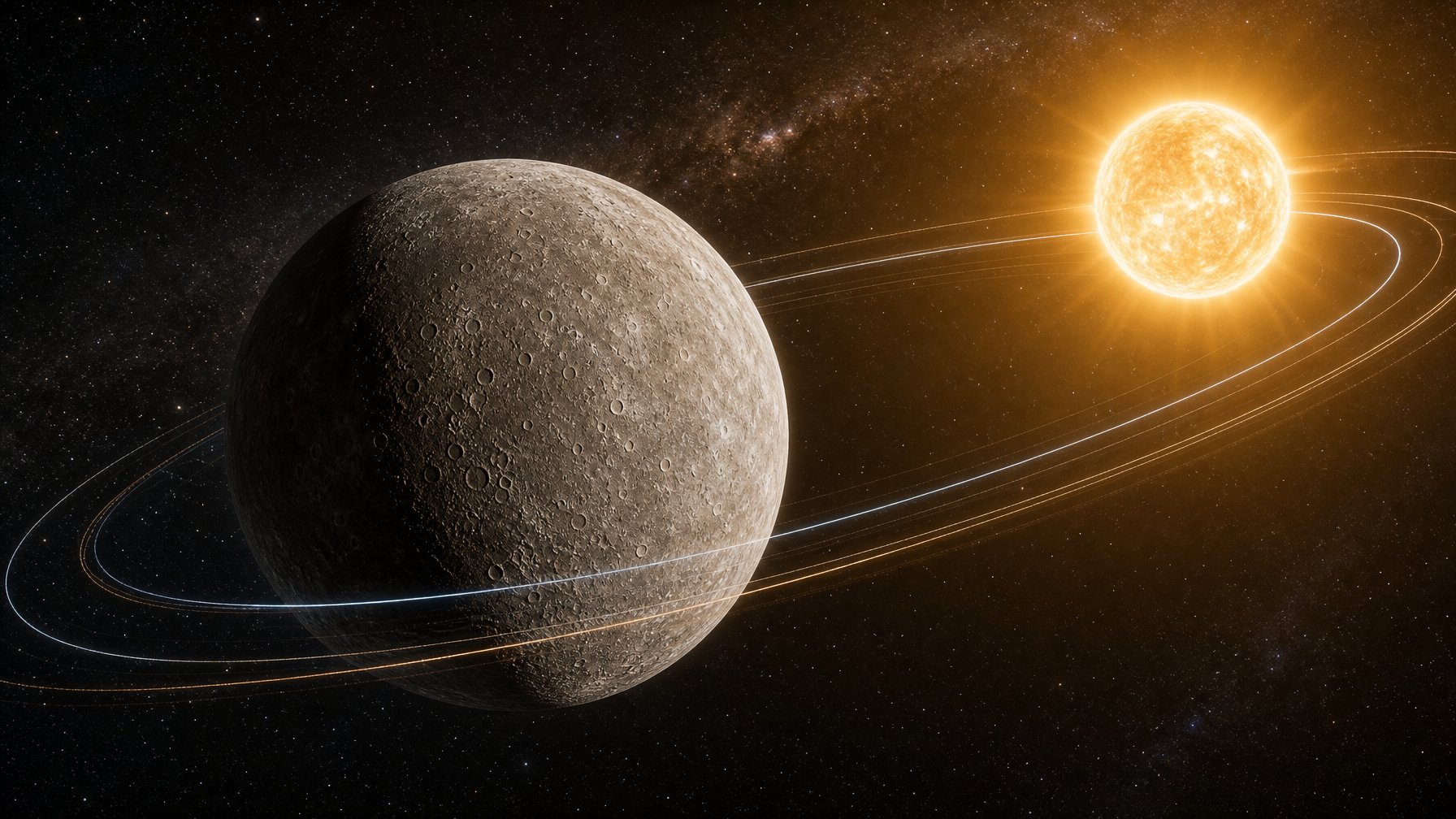 Gambaran planet Merkurius dengan permukaan berbatu dan kawah, berada dekat dengan matahari di ruang angkasa dengan latar belakang bintang.