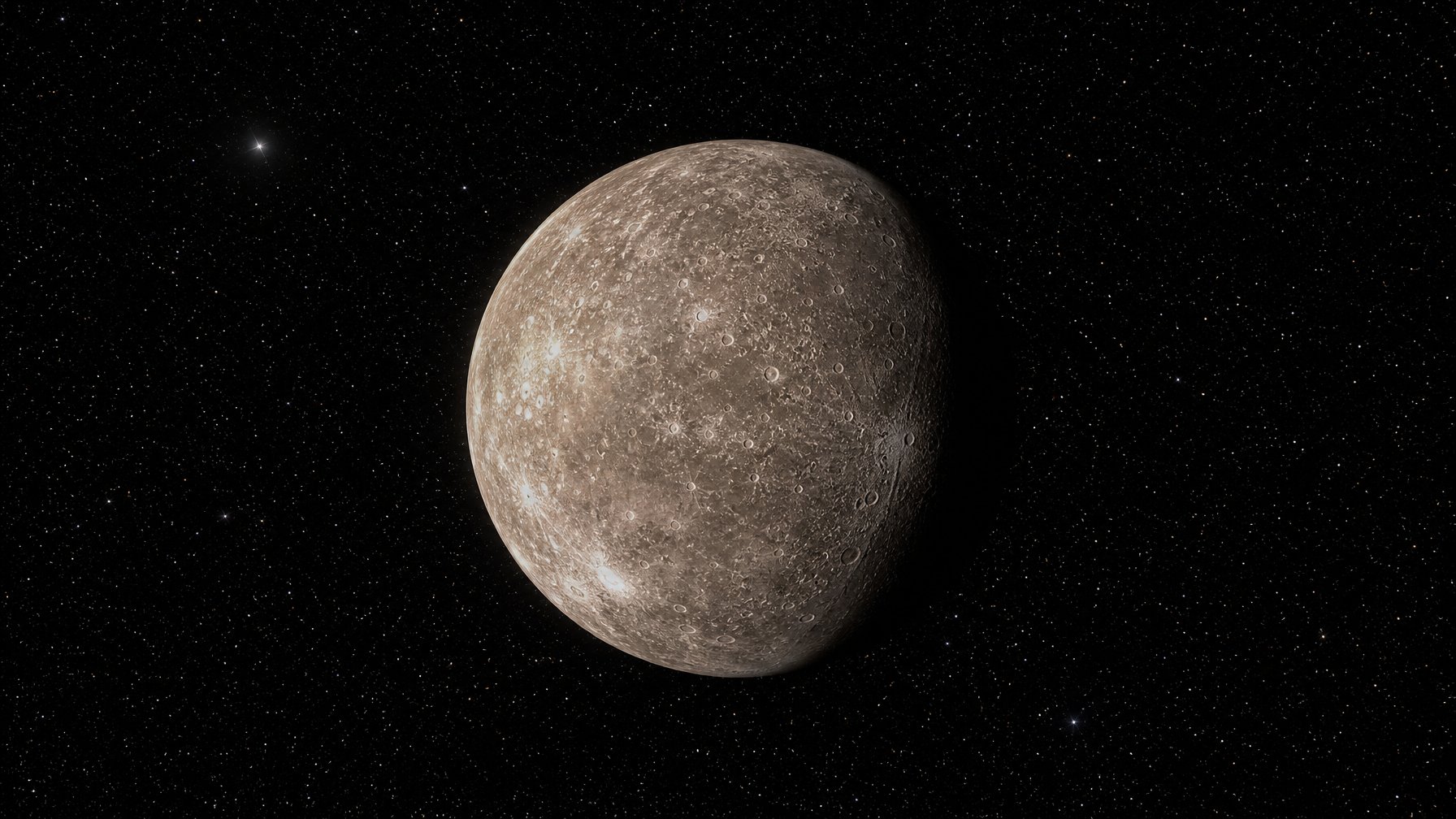 Gambaran planet Merkurius dengan permukaan berbatu dan kawah, diterangi oleh sinar matahari di ruang angkasa gelap dengan bintang-bintang di latar belakang.
