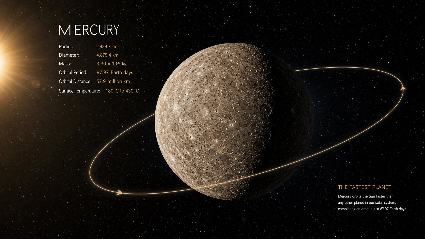 Gambaran planet Merkurius dengan permukaan berbatu dan orbitnya mengelilingi matahari di latar belakang ruang angkasa.