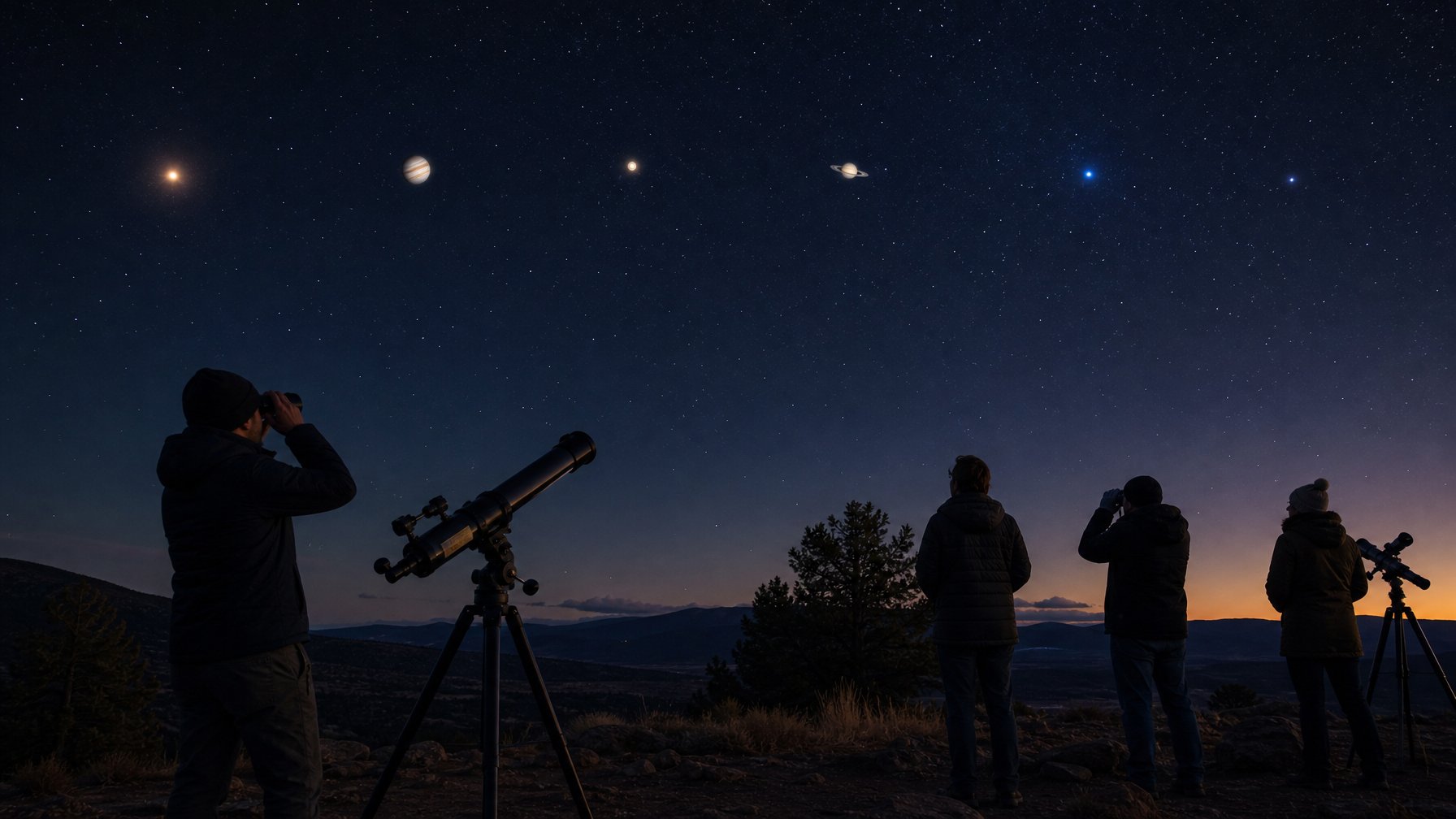 Langit malam dengan beberapa planet berjajar, planet Merkurius terlihat jelas, dan orang-orang mengamati dengan teleskop di sebuah lanskap terbuka.