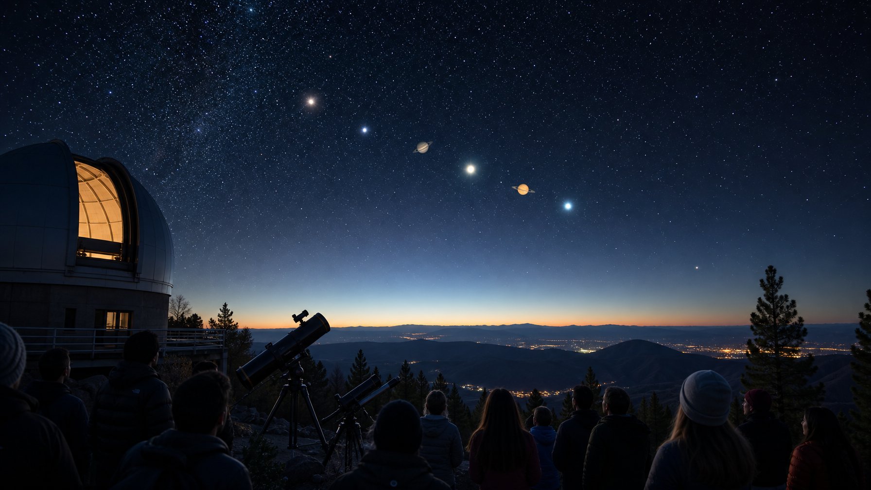 Langit malam dengan planet Merkurius dan beberapa planet lain sejajar, terlihat dari sebuah observatorium dengan orang-orang mengamati menggunakan teleskop.