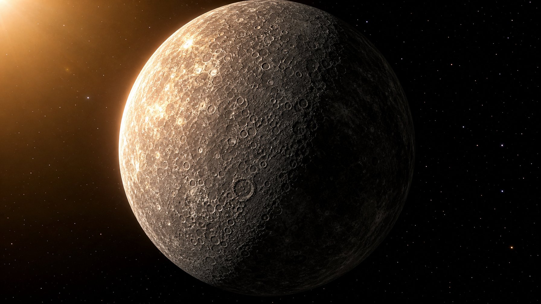 Gambaran planet Merkurius dengan permukaan berbatu dan kawah yang terang di satu sisi dan gelap di sisi lain, dikelilingi oleh ruang angkasa gelap dengan bintang-bintang jauh.