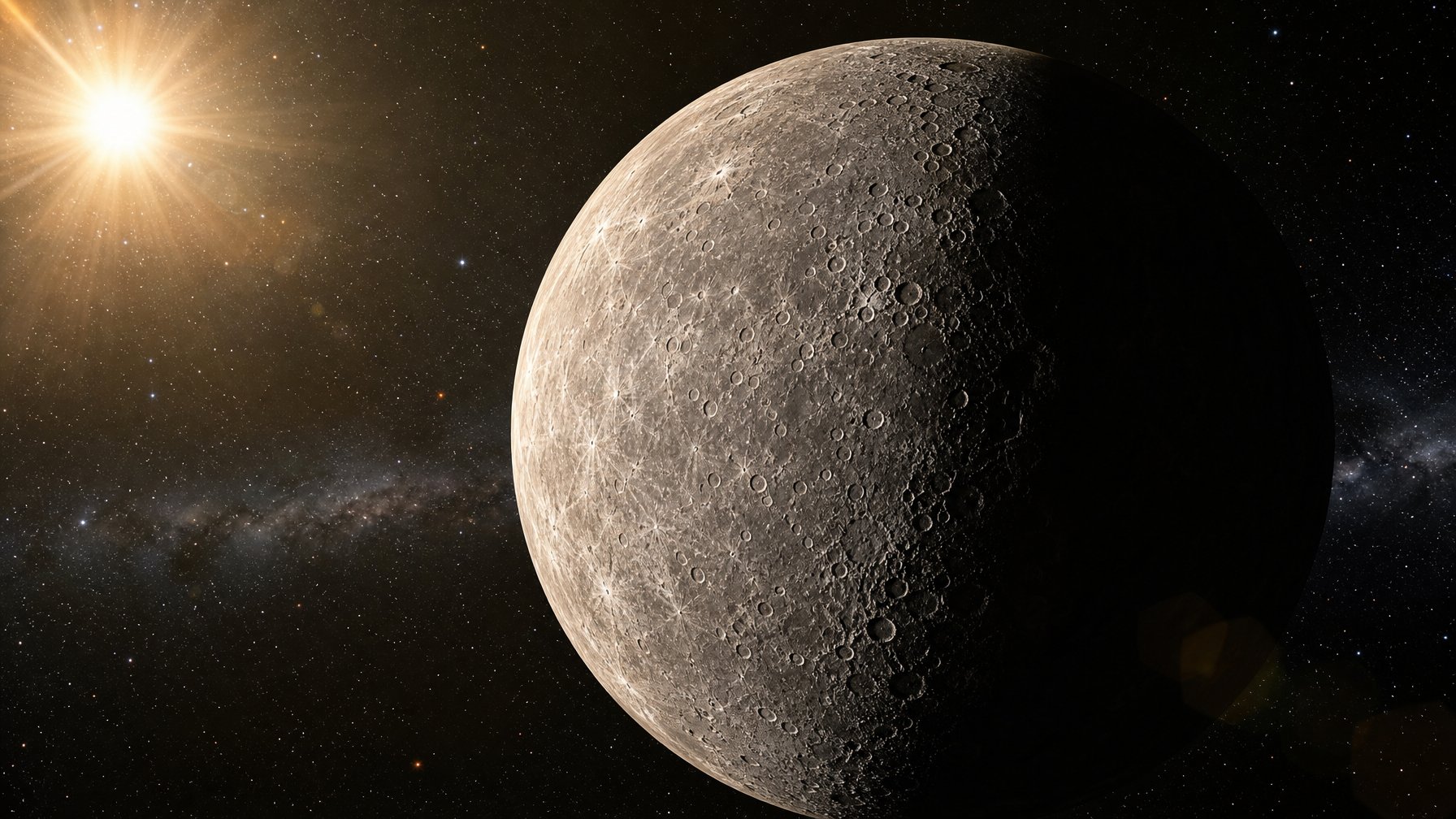 Gambaran planet Merkurius dengan permukaan berbatu dan kawah, dikelilingi ruang angkasa gelap dengan bintang-bintang jauh.
