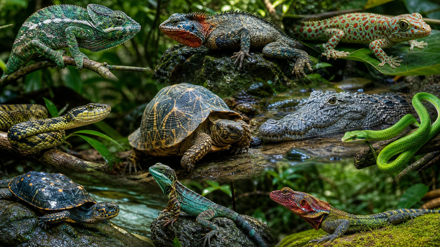 Sepuluh reptil langka yang terancam punah terlihat di habitat liar mereka, seperti hutan dan dekat air, dengan berbagai jenis seperti bunglon, tokek, kura-kura, dan ular.