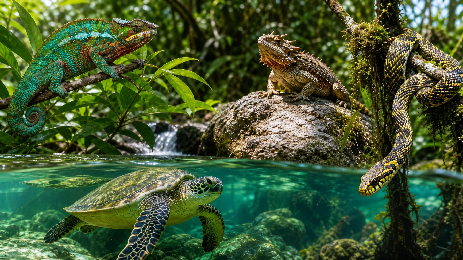 Berbagai reptil langka di habitat alaminya, seperti hutan tropis dengan tanaman hijau, batu berlumut, dan aliran air jernih.