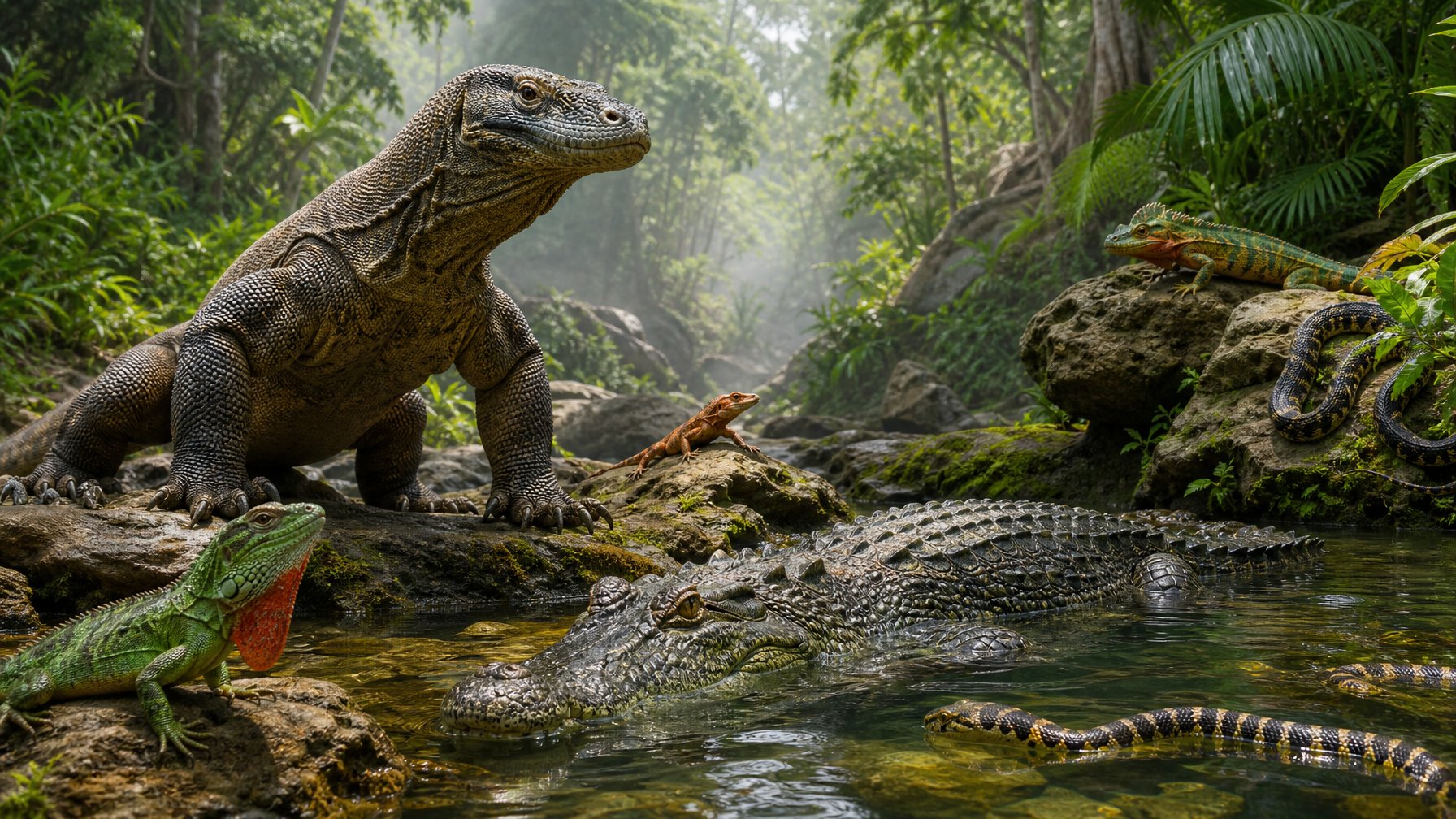 Komodo, buaya Siam, dan reptil langka lainnya di habitat tropis yang rimbun dengan air dan bebatuan.
